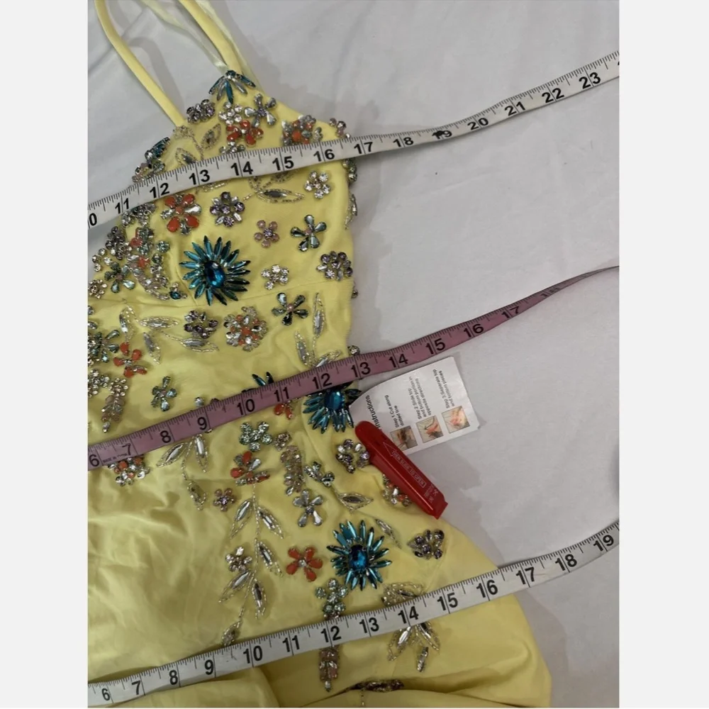 NWT Mac Duggal [ 4 ] Multi Color Beaded Floral Cami‎ Slit Gown Yellow - Picture 13 of 15